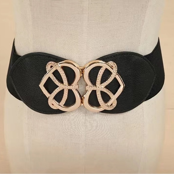 Elastic Leather Gold Detail Buckle Wide Belt - Picture 1 of 7